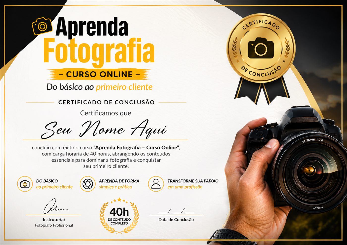 Modelo do certificado de conclusão do curso Aprenda Fotografia