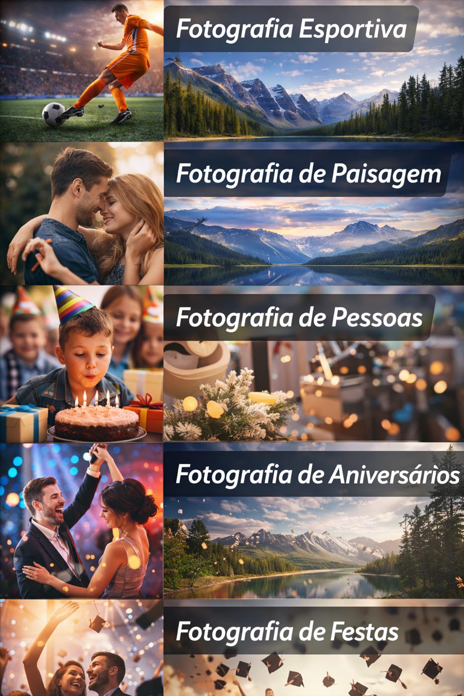 Fotografia Esportiva, de Paisagem, de Pessoas, de Aniversários e de Festas